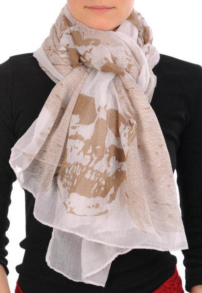White With Mocha Skull & Raven Wings Unisex Scarf & Beach Sarong