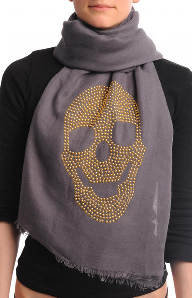 Dark Grey With Large Gold Studded Skull Unisex Scarf & Beach Sarong