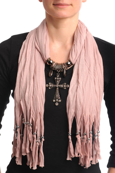 Peach Jewellery Scarf With Cross Pendant & Beads