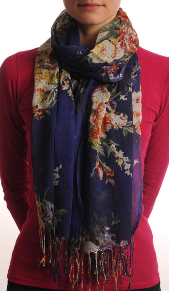 Vintage Impressionist Flowers With Tassels On Dark Blue