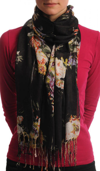 Vintage Impressionist Flowers With Tassels On Black