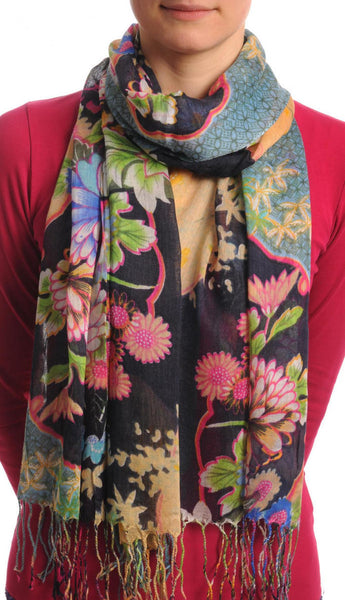 Turkish Flowers With Tassels On Black With Blue Edge