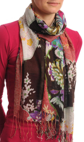 Turkish Flowers With Tassels On Black With Blue Fuchsia Edge