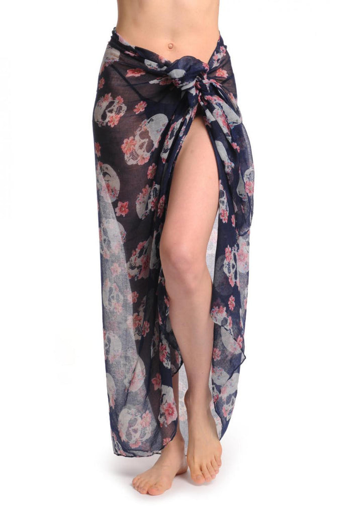 Skull With Flowers On Navy Blue Unisex Scarf & Beach Sarong
