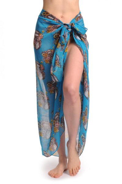 Skull With Flowers On Maya Blue Unisex Scarf & Beach Sarong