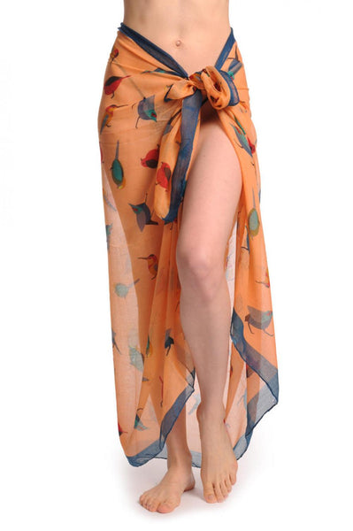 Colourful Birds On Peach With Navy Blue Edge Unisex Scarf & Beach Sarong