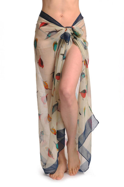 Colourful Birds On Sand White With Blue Edge Unisex Scarf & Beach Sarong