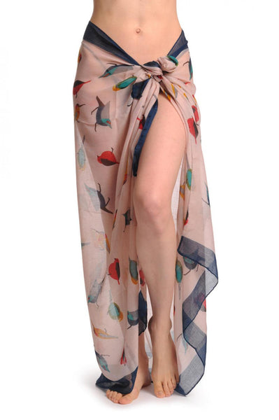 Colourful Birds On Light Pink With Blue Edge Unisex Scarf & Beach Sarong