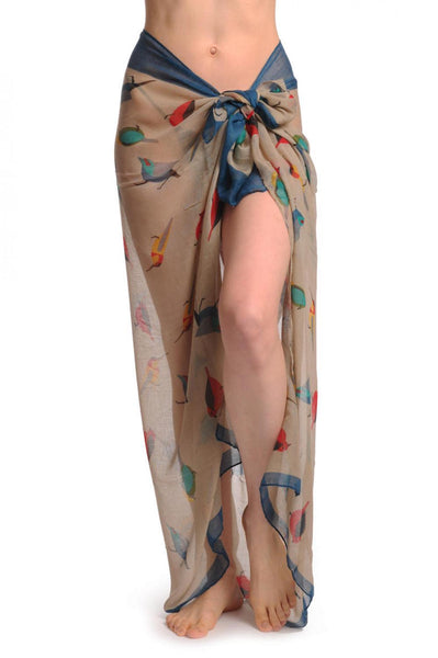 Colourful Birds On Grey With Navy Blue Edge Unisex Scarf & Beach Sarong