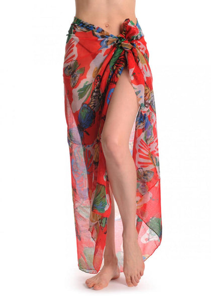 Large Colourful Butterflies On Red Unisex Scarf & Beach Sarong