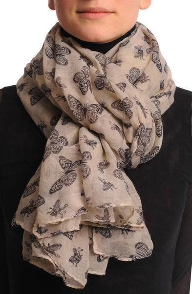 Small Black Butterflies On Beige Unisex Scarf & Beach Sarong