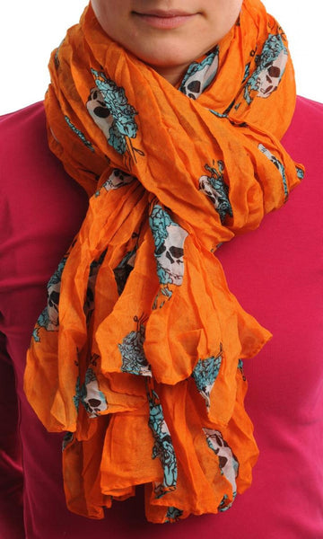 White Skulls With Blue Roses On Orange