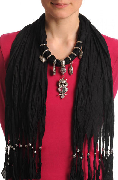 Black Jewellery Scarf With Owl Pendant & Beads