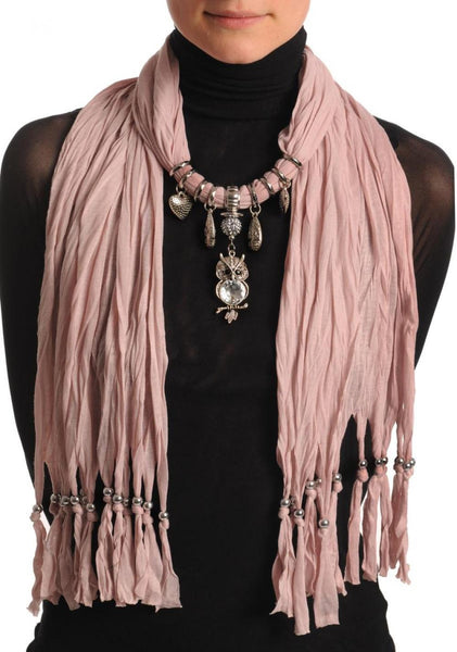Soft Pink Jewellery Scarf With Owl Pendant & Beads