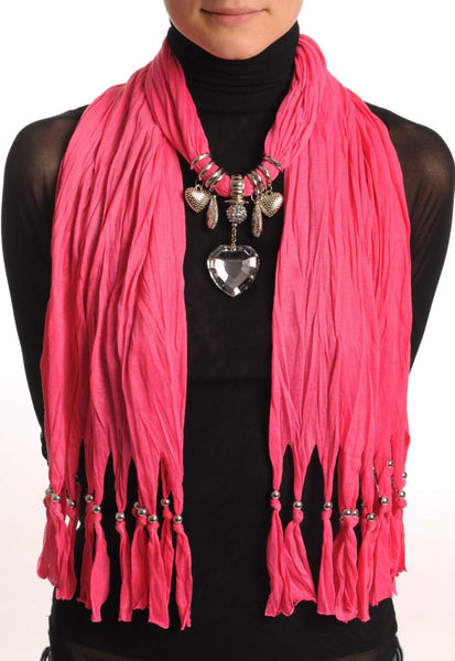 Bright Pink Jewellery Scarf With Crystal Heart & Beads