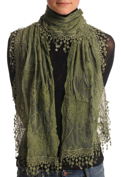 Olive Green Vintage Lace With Flowers