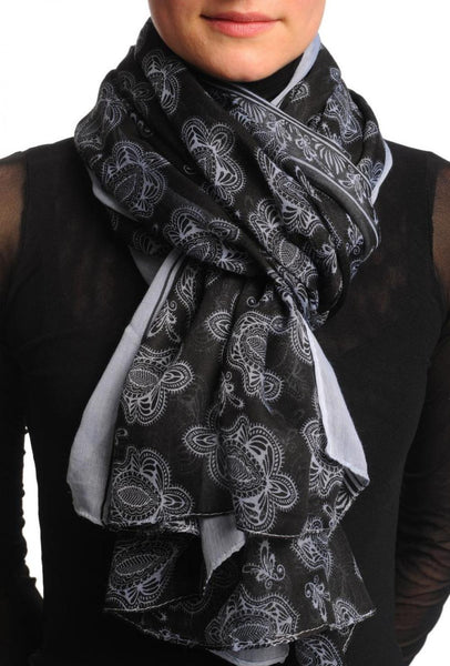 White Turkish Flowers on Black Unisex Scarf & Beach Sarong