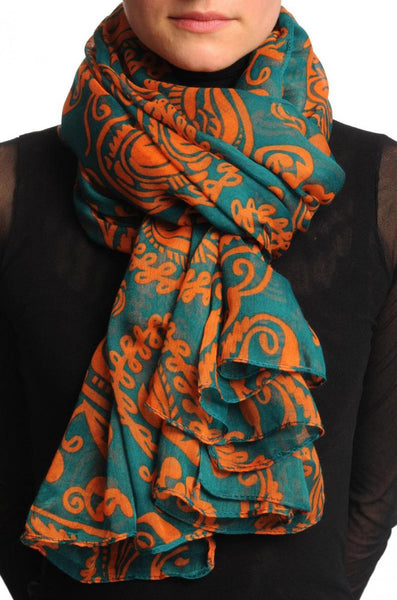 Large Orange Turkish Flowers on Teal Blue Unisex Scarf & Beach Sarong