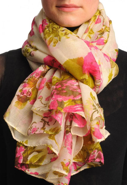 Pink Roses On Beige Unisex Scarf & Beach Sarong