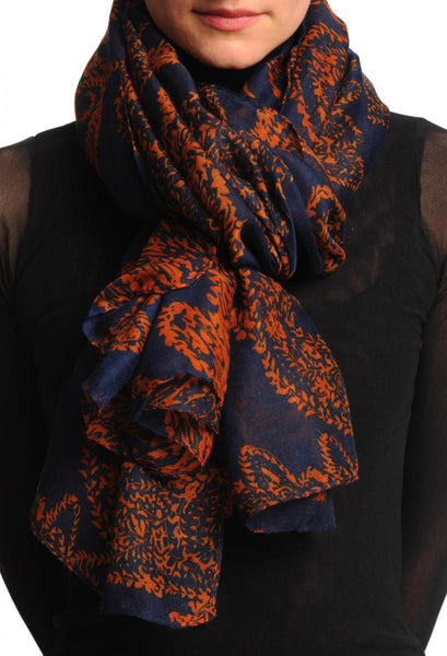 Rust Fern Leaves On Dark Blue Unisex Scarf & Beach Sarong
