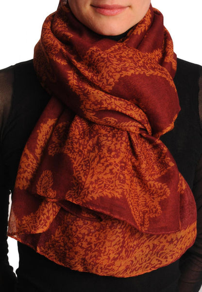 Rust Fern Leaves On Dark Burgundy Red Unisex Scarf & Beach Sarong
