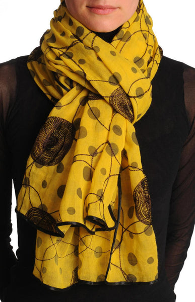 Black Sewn On Circles On Mustard Yellow Unisex Scarf