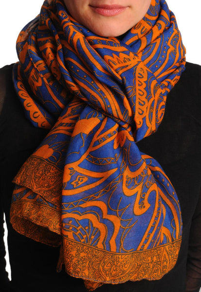 Rust Wide Lace On Blue Unisex Scarf & Beach Sarong