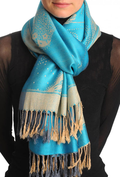 Grey & Beige Roses Reversed On Blue Pashmina With Tassels