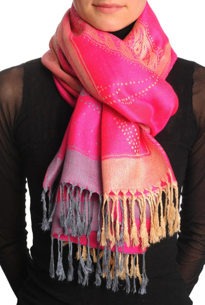 Grey & Beige Roses Reversed On Bright Pink Pashmina With Tassels