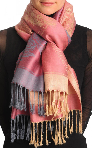 Grey & Beige Roses Reversed On Chestnut Pink Pashmina With Tassels