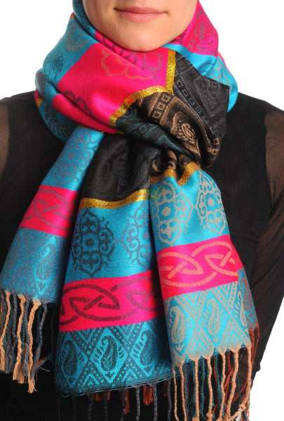 Reversed Flowers With Gold Lurex On Blue Pashmina With Tassels