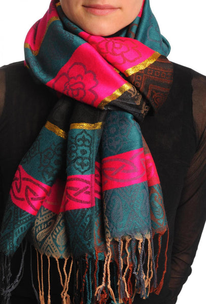 Reversed Flowers With Gold Lurex On Prussian Blue Pashmina With Tassels