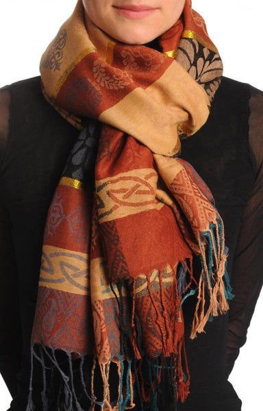 Reversed Flowers With Gold Lurex On Brown Pashmina With Tassels