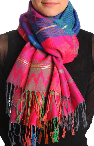 Reversed Roses On Checkered Pink Pashmina With Tassels