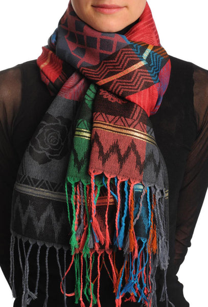 Reversed Roses On Dark Red Pashmina With Tassels