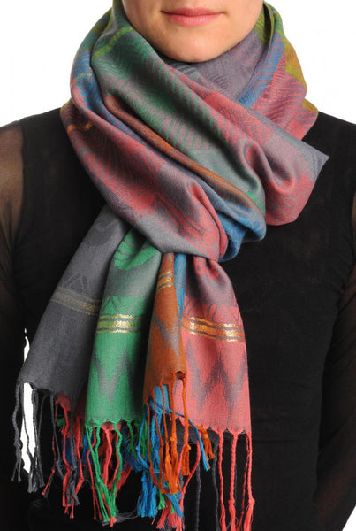 Reversed Roses On Grey Pashmina With Tassels