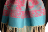 Beige Circles And Red Flowers On Blue Pashmina With Tassels