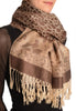 Beige Circles And Beige Flowers On Brown Pashmina With Tassels