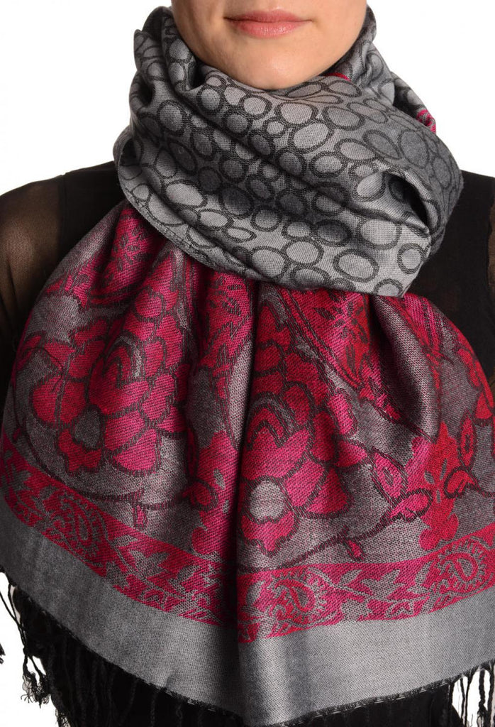 Grey Circles And Bright Pink Flowers On Dark Grey Pashmina With Tassels