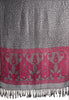 Grey Circles And Bright Pink Flowers On Dark Grey Pashmina With Tassels