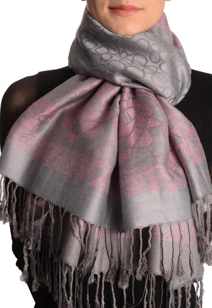 Grey Circles And Soft Pink Flowers On Light Grey Pashmina With Tassels
