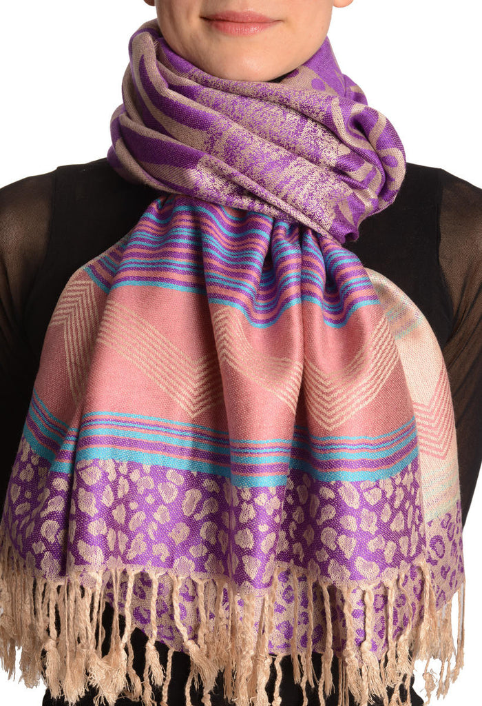 Assimetrical Ornaments On Purple Pashmina With Tassels
