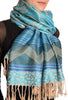 Assimetrical Ornaments On Blue Pashmina With Tassels