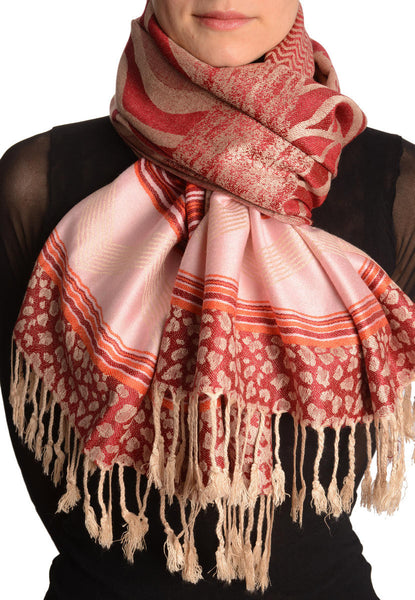 Assimetrical Ornaments On Dark Red Pashmina With Tassels