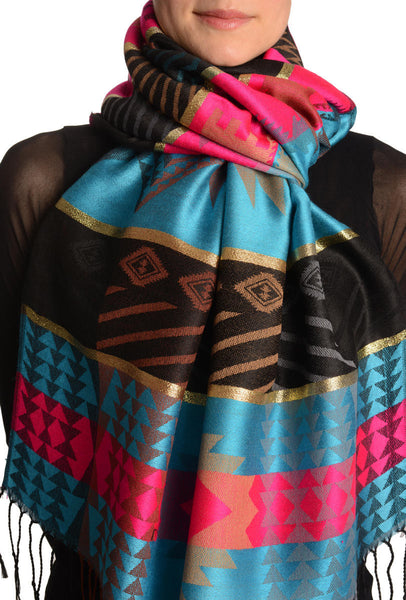 Aztec Patern On Blue & Pink With Gold Lurex Pashmina With Tassels