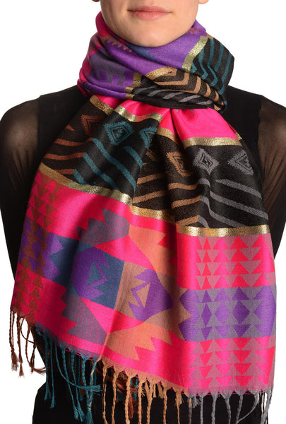 Aztec Patern On Pink & Purple With Gold Lurex Pashmina With Tassels