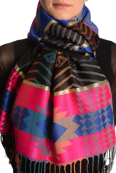 Aztec Patern On Pink & Blue With Gold Lurex Pashmina With Tassels