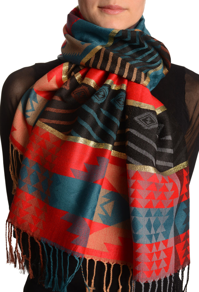Aztec Patern On Red & Prussian Blue With Gold Lurex Pashmina With Tassels