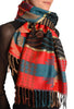 Aztec Patern On Red & Prussian Blue With Gold Lurex Pashmina With Tassels