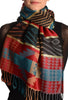 Aztec Patern On Dark Red & Prussian Blue With Gold Lurex Pashmina With Tassels